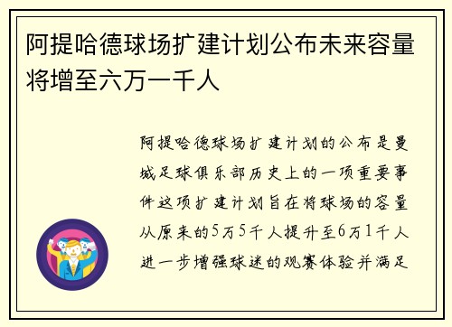 阿提哈德球场扩建计划公布未来容量将增至六万一千人